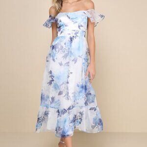 Lulus Sweet Composure White Floral Organza Off-the-shoulder Midi Dress Blue